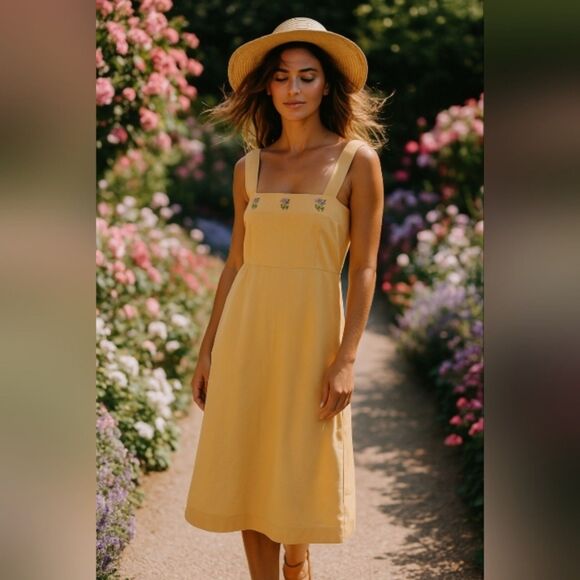 NWT HSZ Studio Maxi Sundress Sz L Butter Yellow Tulip Embroidery Cottagecore - Picture 1 of 10